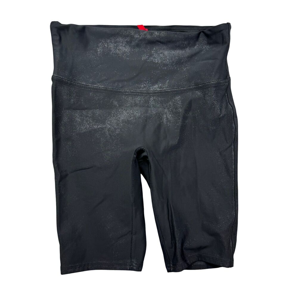 Spanx Shorts Women's Medium Black Mid Rise Biker Stretch Faux Leather Metallic